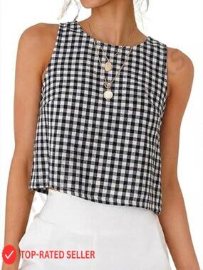 Gingham Crop Tank Top Sleeveless High Neck Summer Y2K Plaid Cute Chic